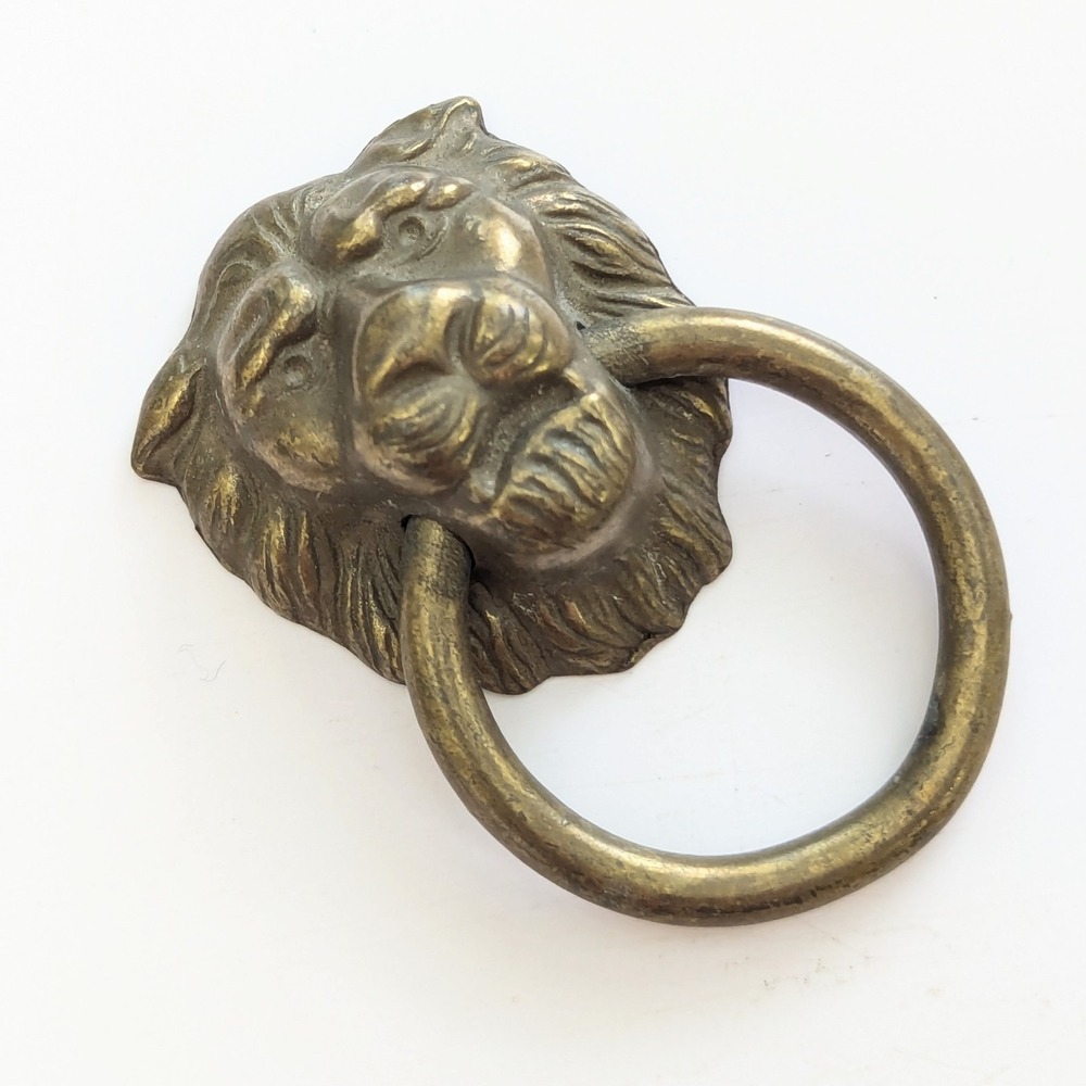 Vintage Antiqued Brass Lion Head Drop Ring Drawer Pull Furniture Handle 2.5"